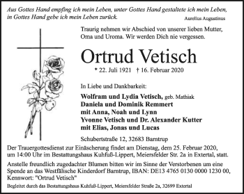 Anzeige  Ortrud Vetisch  Lippische Landes-Zeitung