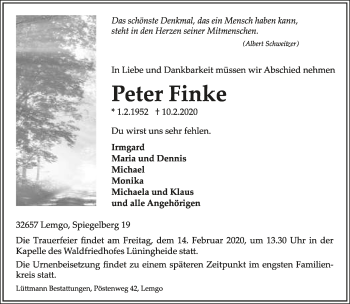 Anzeige  Peter Finke  Lippische Landes-Zeitung