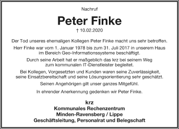 Anzeige  Peter Finke  Lippische Landes-Zeitung