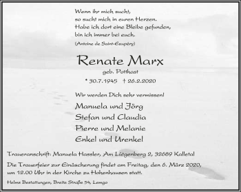 Anzeige  Renate Marx  Lippische Landes-Zeitung