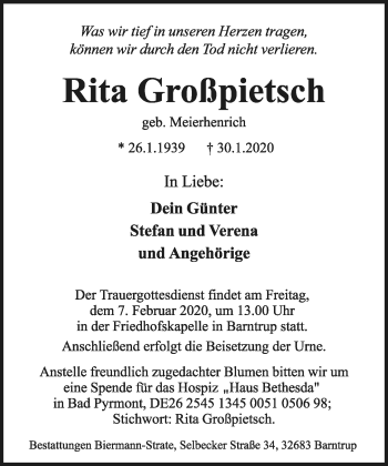 Anzeige  Rita Großpietsch  Lippische Landes-Zeitung