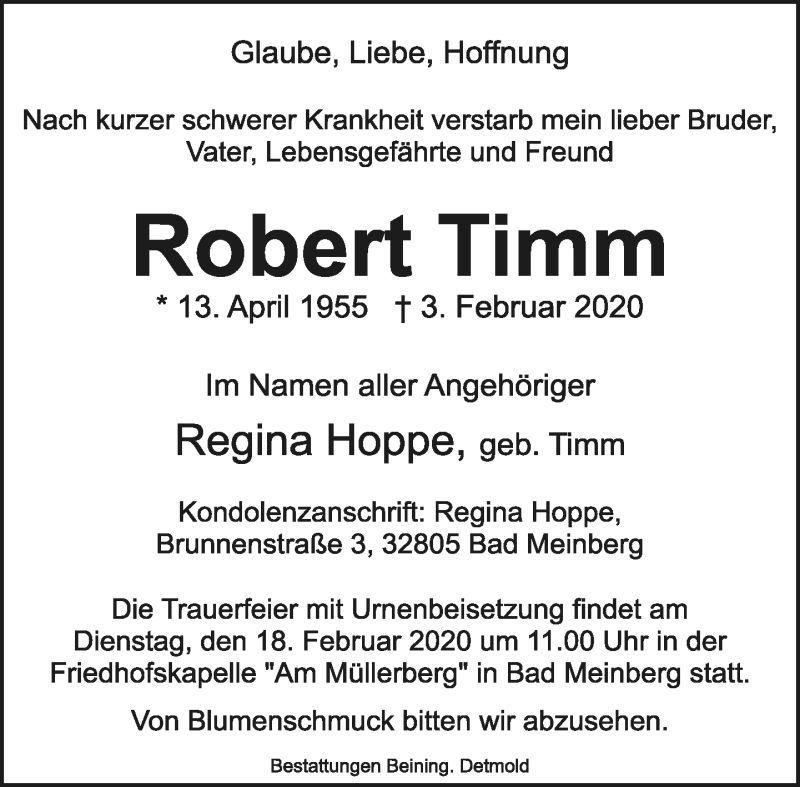  Traueranzeige für Robert Timm vom 15.02.2020 aus Lippische Landes-Zeitung