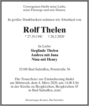 Anzeige  Rolf Thelen  Lippische Landes-Zeitung