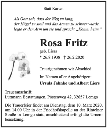 Anzeige  Rosa Fritz  Lippische Landes-Zeitung