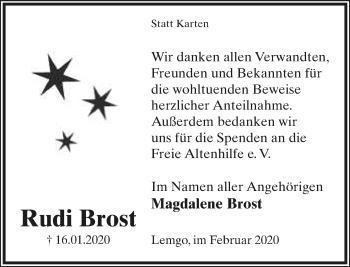 Anzeige  Rudi Brost  Lippische Landes-Zeitung