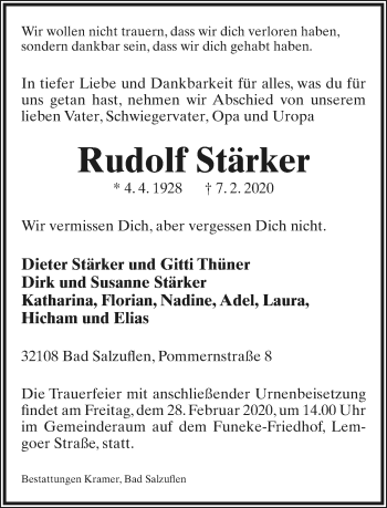 Anzeige  Rudolf Stärker  Lippische Landes-Zeitung