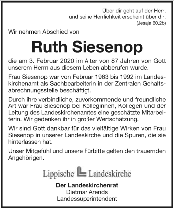 Anzeige  Ruth Siesenop  Lippische Landes-Zeitung