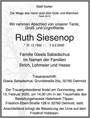 Anzeige  Ruth Siesenop  Lippische Landes-Zeitung