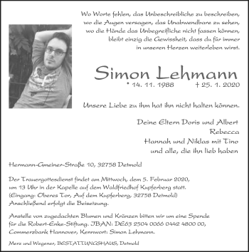 Anzeige  Simon Lehmann  Lippische Landes-Zeitung