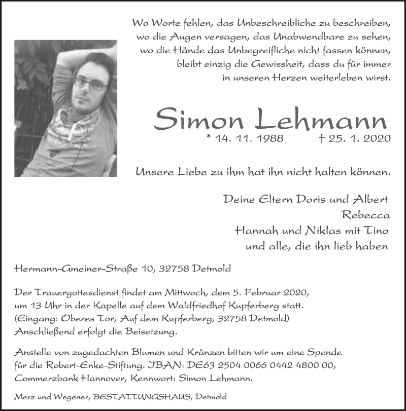  Traueranzeige für Simon Lehmann vom 01.02.2020 aus Lippische Landes-Zeitung