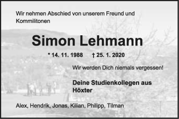 Anzeige  Simon Lehmann  Lippische Landes-Zeitung