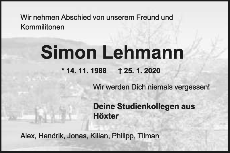  Traueranzeige für Simon Lehmann vom 01.02.2020 aus Lippische Landes-Zeitung