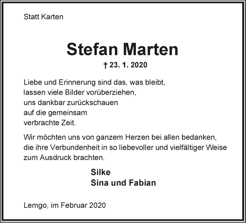  Traueranzeige für Stefan Marten vom 22.02.2020 aus Lippische Landes-Zeitung