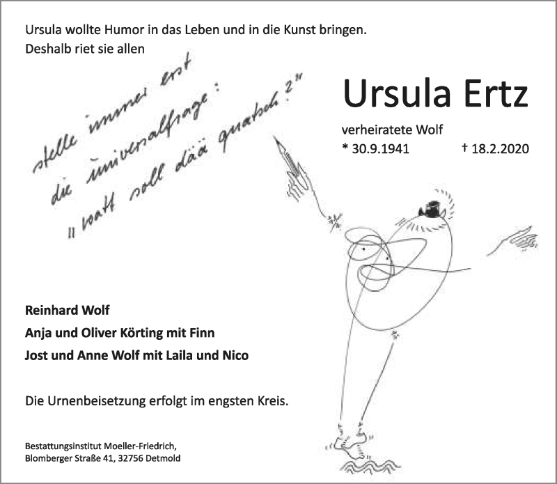  Traueranzeige für Ursula Ertz vom 22.02.2020 aus Lippische Landes-Zeitung