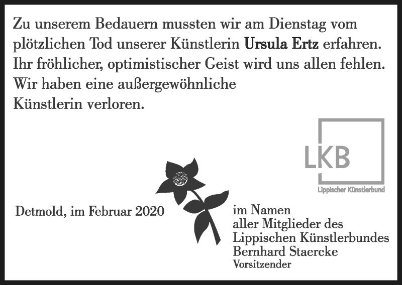  Traueranzeige für Ursula Ertz vom 22.02.2020 aus Lippische Landes-Zeitung