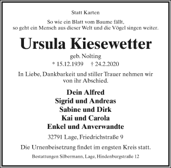 Anzeige  Ursula Kiesewetter  Lippische Landes-Zeitung
