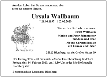 Anzeige  Ursula Wallbaum  Lippische Landes-Zeitung
