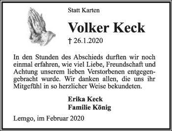 Anzeige  Volker Keck  Lippische Landes-Zeitung