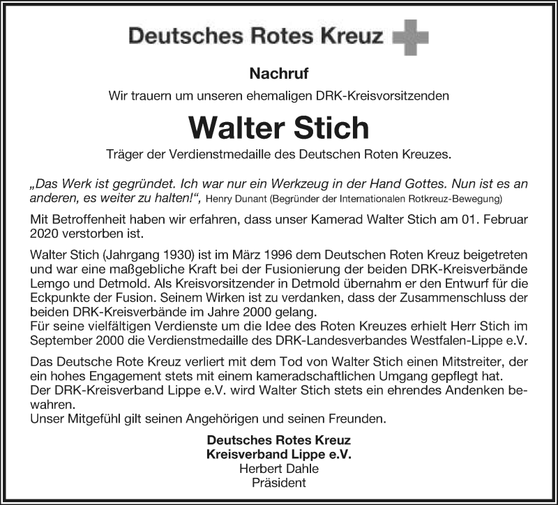  Traueranzeige für Walter Stich vom 15.02.2020 aus Lippische Landes-Zeitung