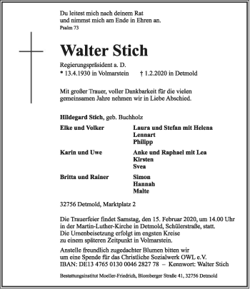 Anzeige  Walter Stich  Lippische Landes-Zeitung
