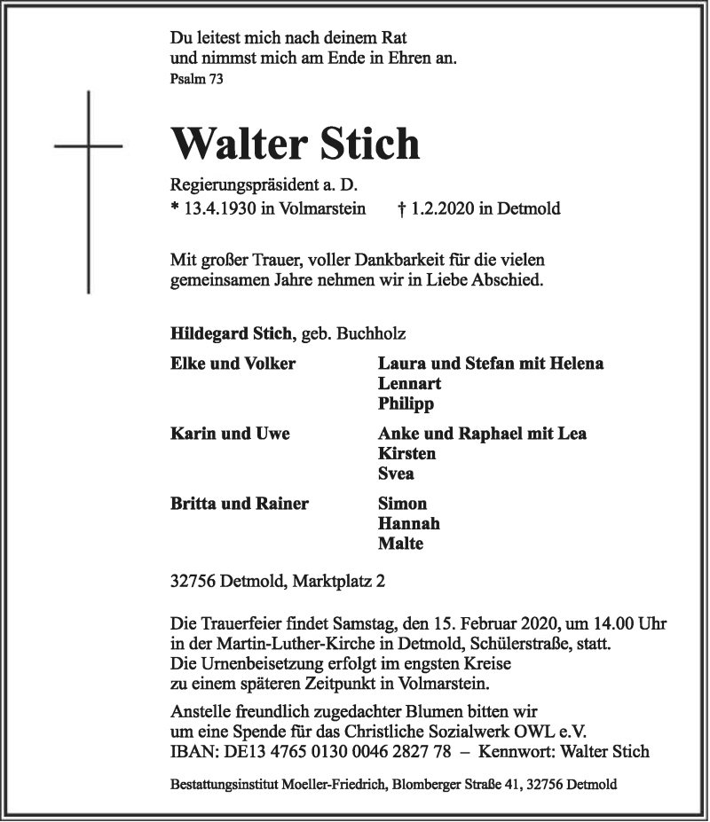  Traueranzeige für Walter Stich vom 08.02.2020 aus Lippische Landes-Zeitung