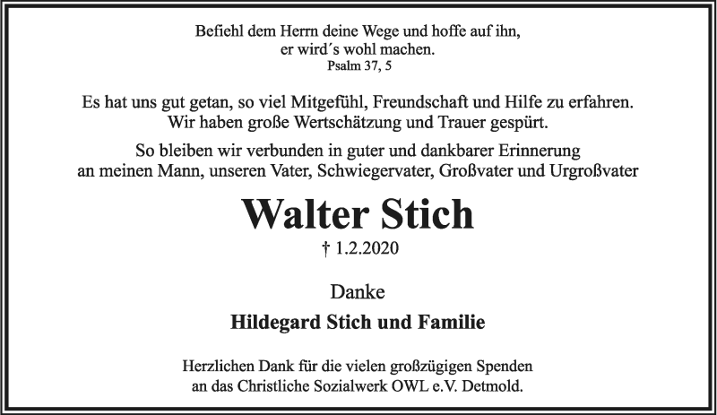  Traueranzeige für Walter Stich vom 29.02.2020 aus Lippische Landes-Zeitung