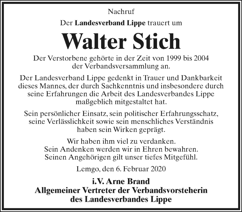  Traueranzeige für Walter Stich vom 08.02.2020 aus Lippische Landes-Zeitung