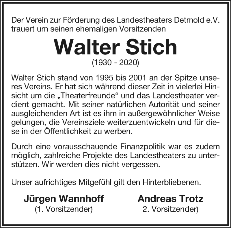  Traueranzeige für Walter Stich vom 08.02.2020 aus Lippische Landes-Zeitung