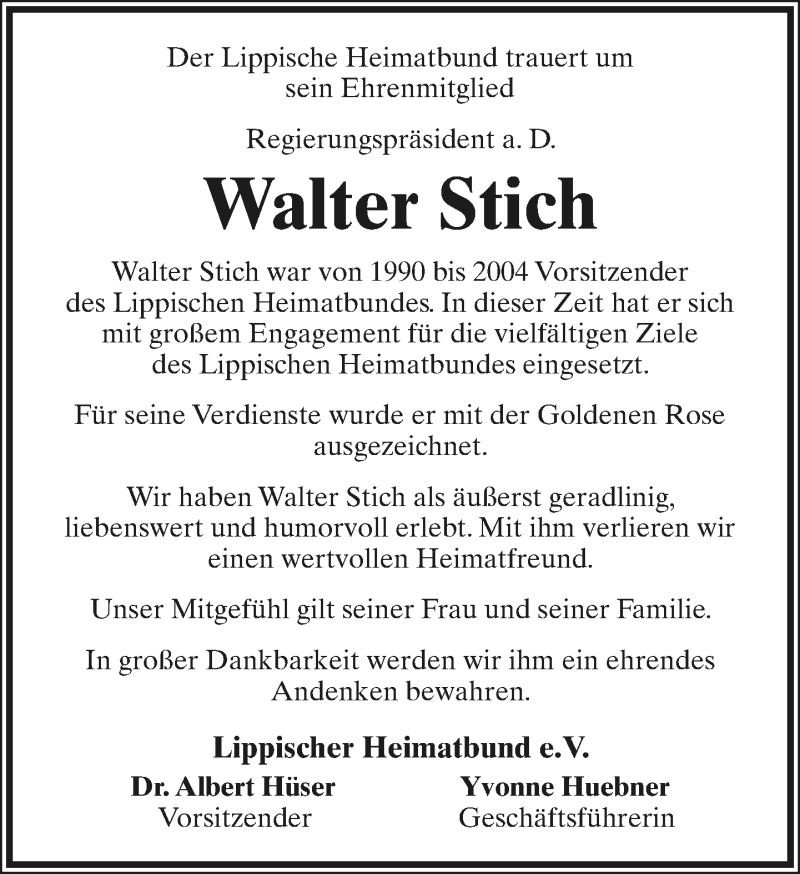  Traueranzeige für Walter Stich vom 08.02.2020 aus Lippische Landes-Zeitung