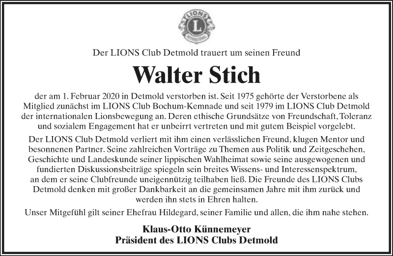  Traueranzeige für Walter Stich vom 08.02.2020 aus Lippische Landes-Zeitung