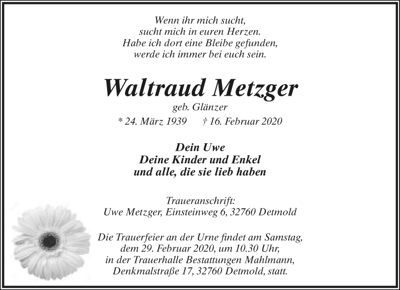  Traueranzeige für Waltraud Metzger vom 22.02.2020 aus Lippische Landes-Zeitung
