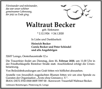 Anzeige  Waltraut Becker  Lippische Landes-Zeitung