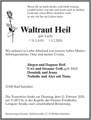 Anzeige  Waltraut Heil  Lippische Landes-Zeitung