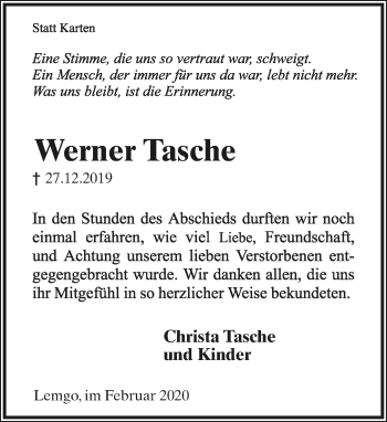 Anzeige  Werner Tasche  Lippische Landes-Zeitung