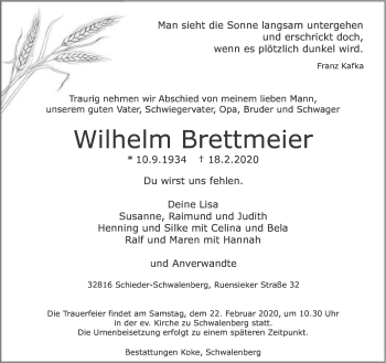 Anzeige  Wilhelm Brettmeier  Lippische Landes-Zeitung