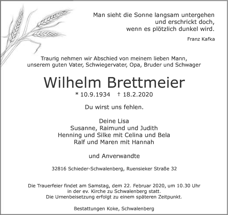  Traueranzeige für Wilhelm Brettmeier vom 19.02.2020 aus Lippische Landes-Zeitung