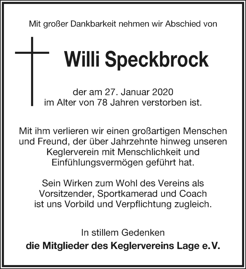  Traueranzeige für Willi Speckbrock vom 01.02.2020 aus Lippische Landes-Zeitung