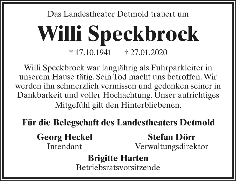  Traueranzeige für Willi Speckbrock vom 01.02.2020 aus Lippische Landes-Zeitung