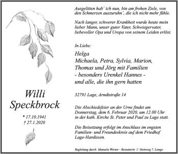 Anzeige  Willi Speckbrock  Lippische Landes-Zeitung