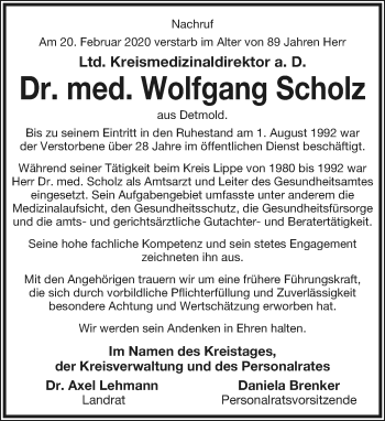 Anzeige  Wolfgang Scholz  Lippische Landes-Zeitung
