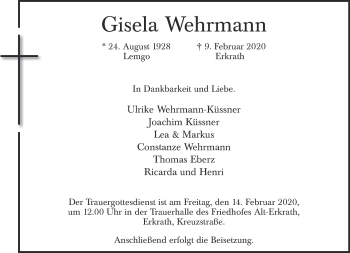 Anzeige  Gisela Wehrmann  Lippische Landes-Zeitung