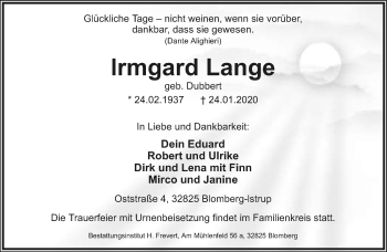 Anzeige  lrmgard Lange  Lippische Landes-Zeitung