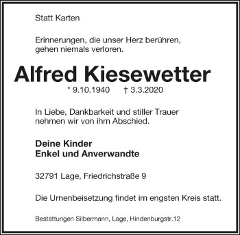 Anzeige  Alfred Kiesewetter  Lippische Landes-Zeitung