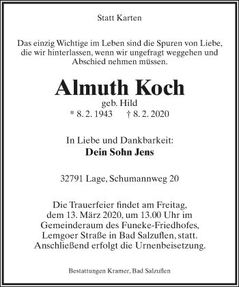 Anzeige  Almuth Koch  Lippische Landes-Zeitung