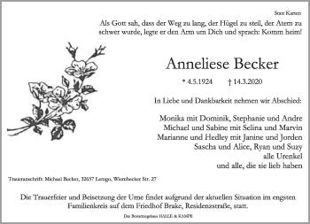 Anzeige  Anneliese Becker  Lippische Landes-Zeitung