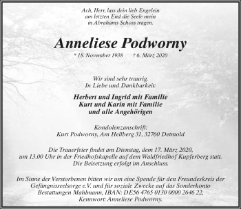 Anzeige  Anneliese Podworny  Lippische Landes-Zeitung