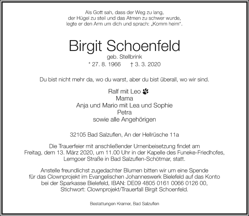  Traueranzeige für Birgit Schoenfeld vom 07.03.2020 aus Lippische Landes-Zeitung