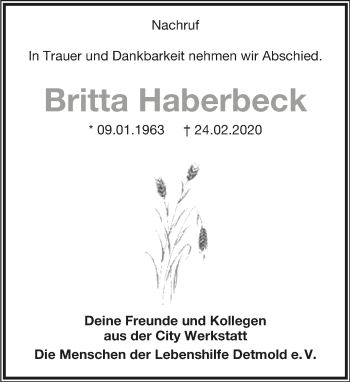 Anzeige  Britta Haberbeck  Lippische Landes-Zeitung