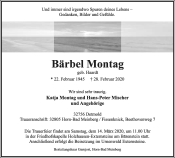Anzeige  Bärbel Montag  Lippische Landes-Zeitung