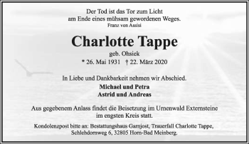 Anzeige  Charlotte Tappe  Lippische Landes-Zeitung